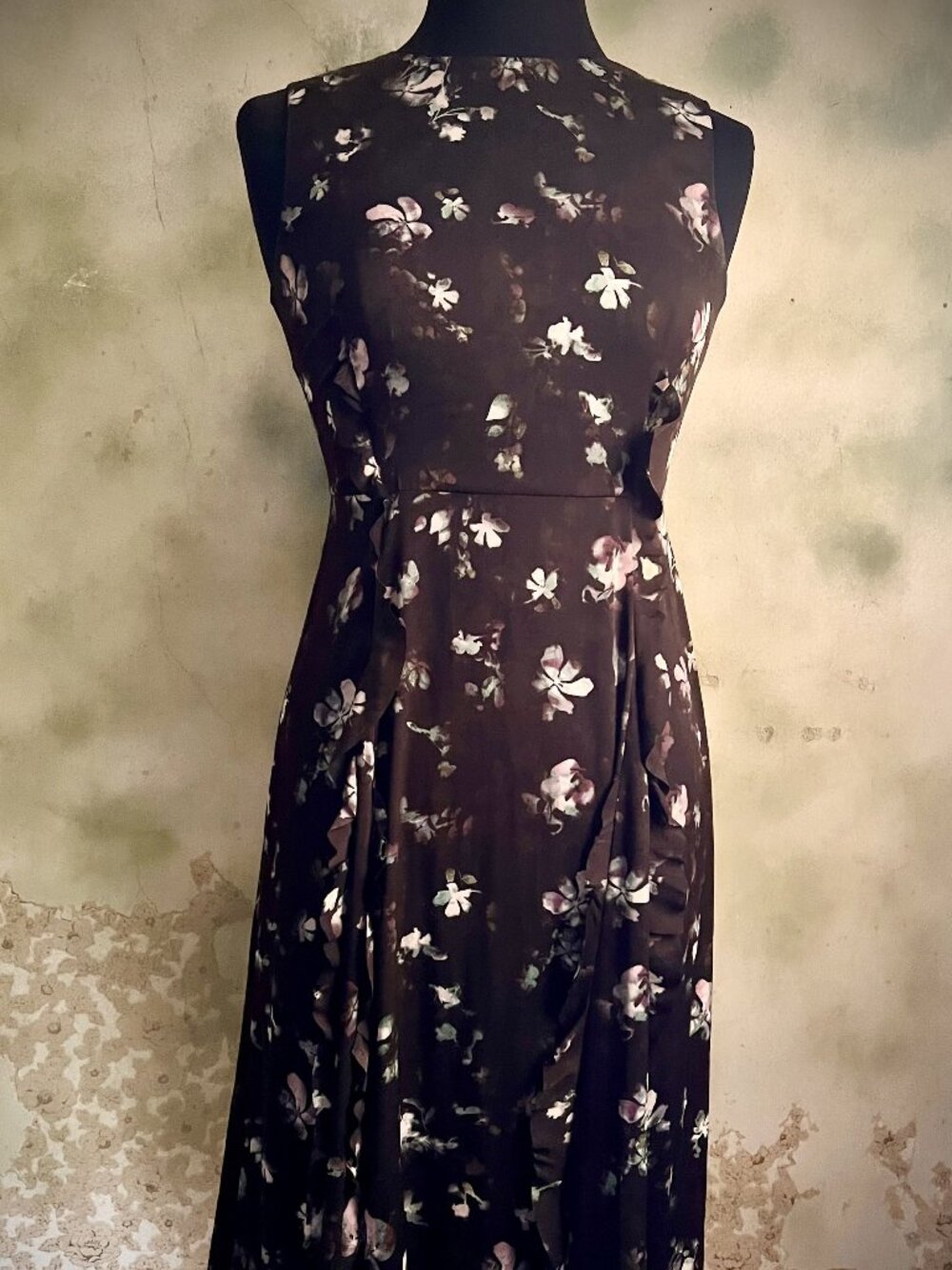 Simply Vera Vera Wang XS Floral Midi Dress Ruffle Draped Sleeveless